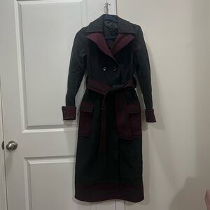 Diane Von Furstenberg Gray & Maroon Belted Wool Long Coat Size 6 US